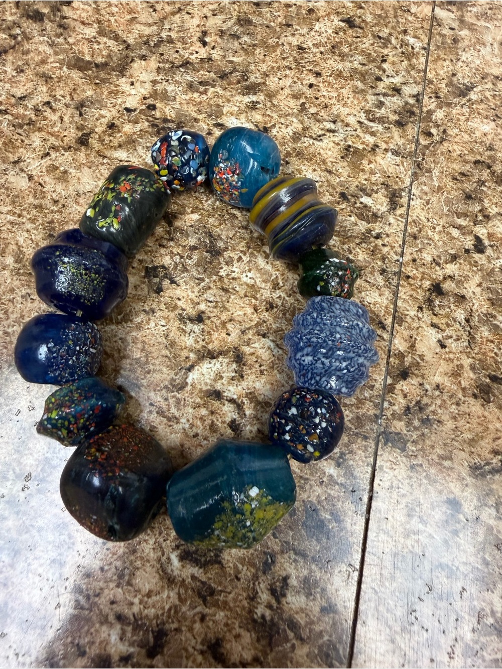 Chunky Blue Teal Art Glass Bead Stretch Bracelet Multicolor Lampwork Style Boho